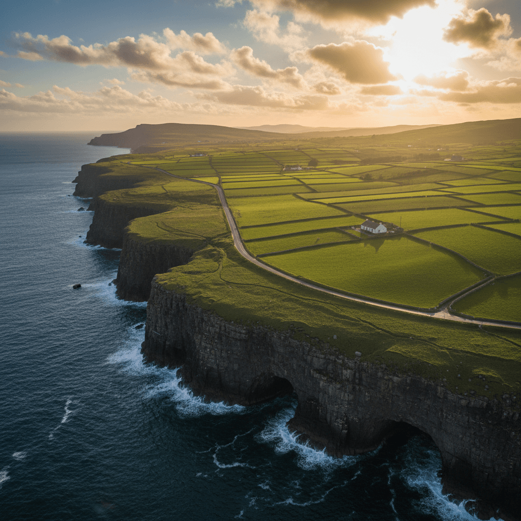 Aerial view of a winding Irish coastal road along dramatic cliffs with green fields